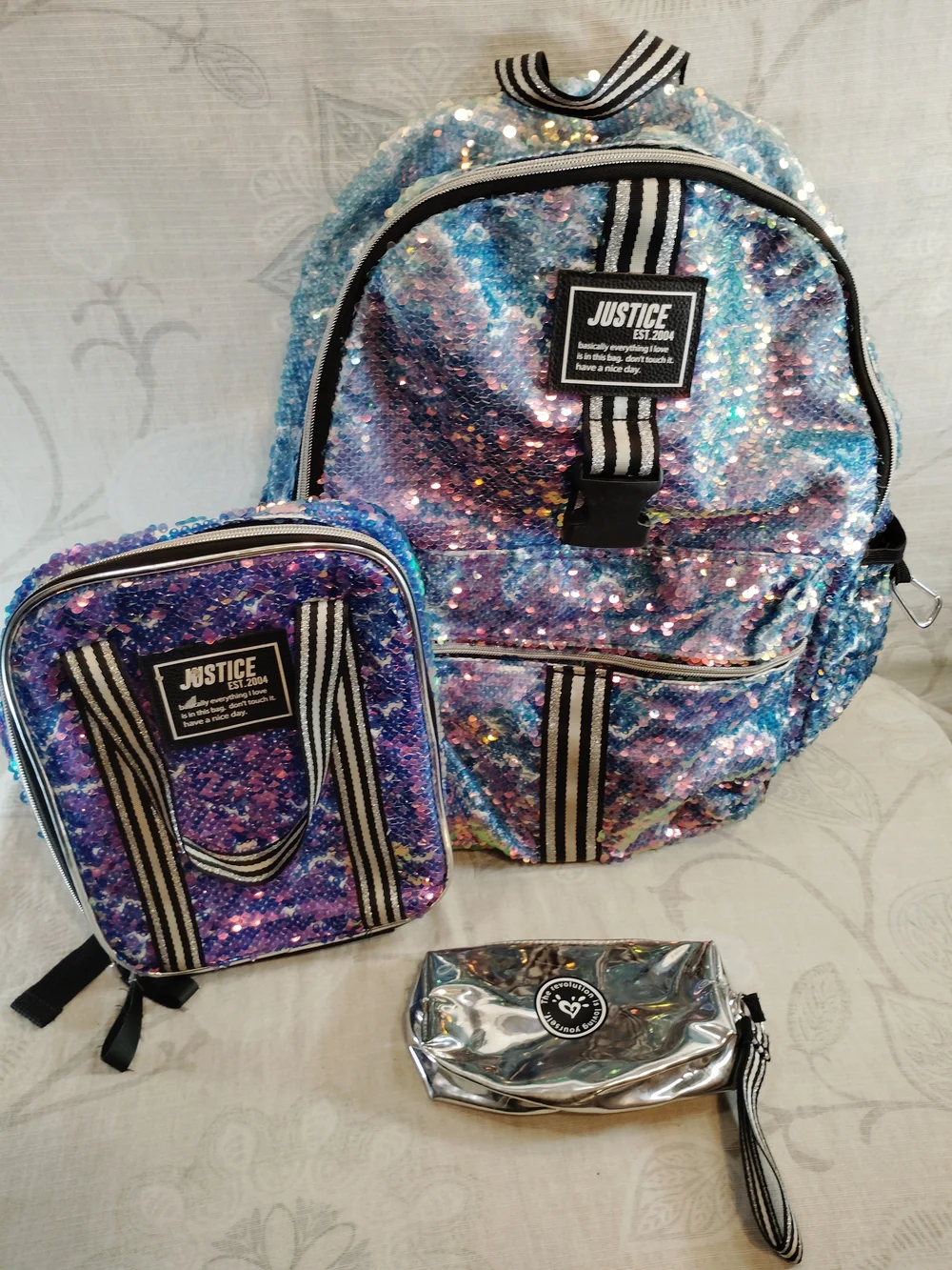 Justice Sequin Ombre Backpack in Blue and Purple with Silver Pouch